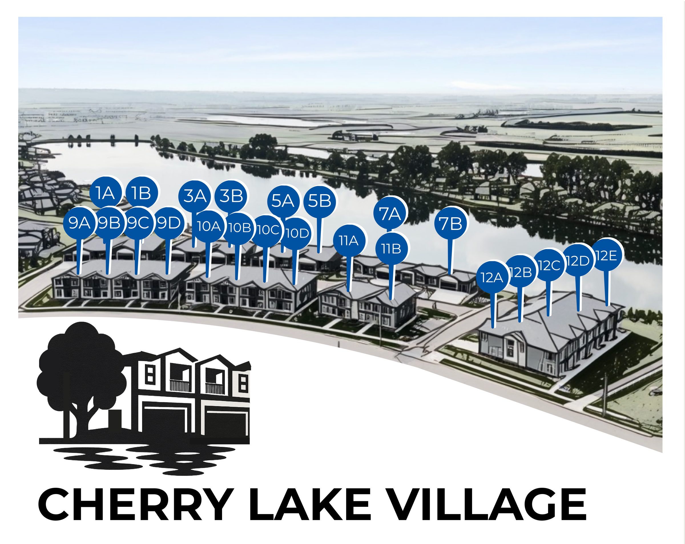 Cherry Lake Village site plan with lot labels — units 1A through 12E