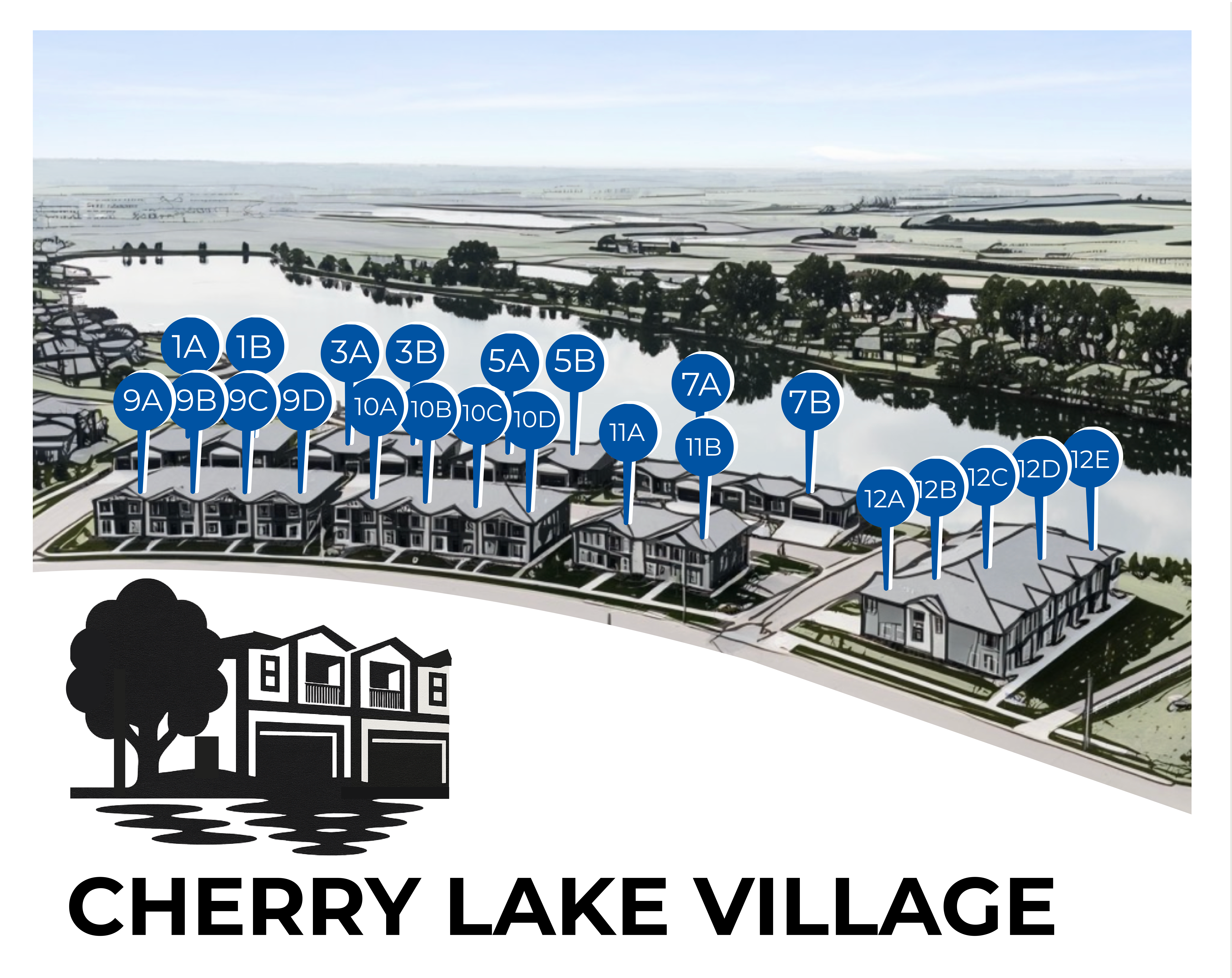 Cherry Lake Village site plan with lot labels — units 1A through 12E